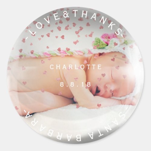 Custom Baby Shower Thanks Pink Rose Heart Confetti Classic Round Sticker