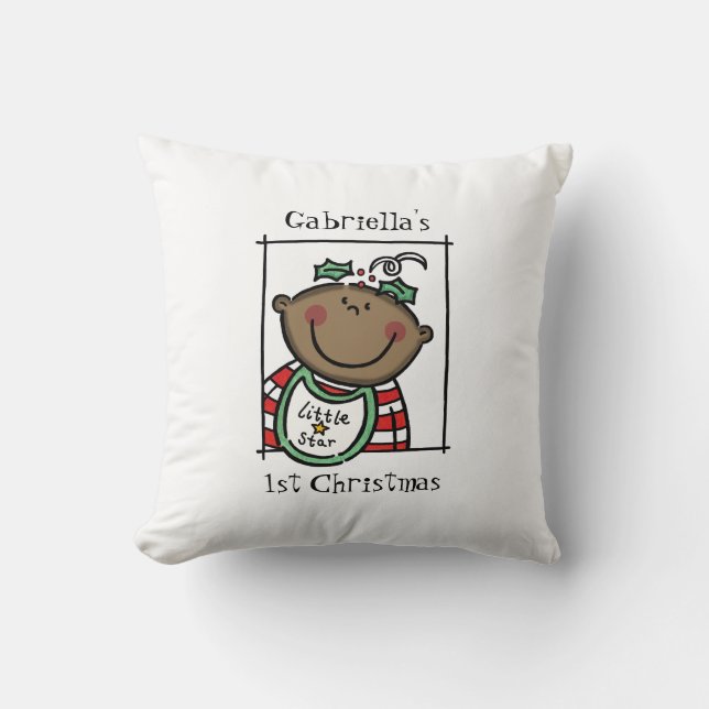 Custom Baby's 1st Christmas Dark Skin Tone Face Throw Pillow (Front)