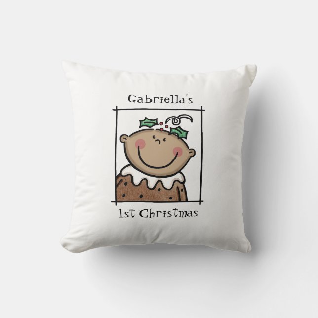Custom Baby's 1st Christmas Medium Skin Tone Face Throw Pillow (Front)