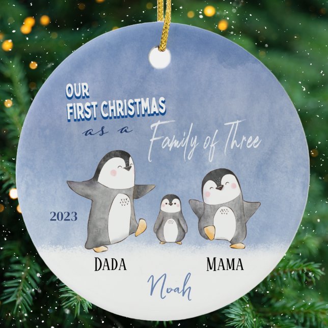 Custom Baby's Cute First Christmas Ornament (First Christmas Family Ornament. Cute Penguins for a new family of three. Personalized with names. )
