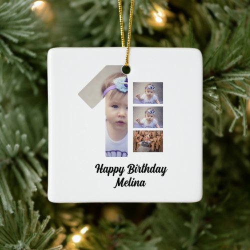 Custom Babys first birthday 4 Photo collage  Ceramic Ornament