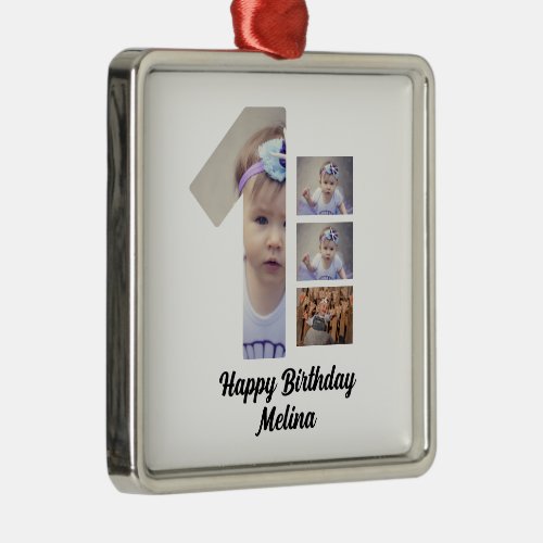 Custom Babys first birthday 4 Photo collage  Metal Ornament