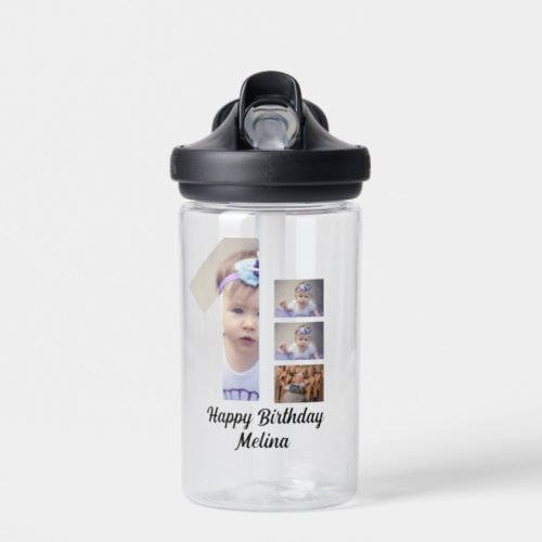 Custom Babys first birthday 4 Photo collage Water Bottle