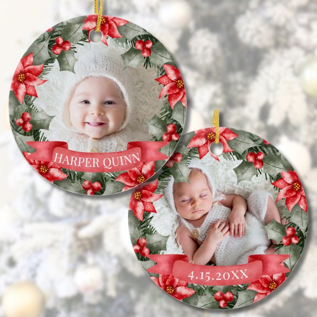 Custom Baby's First Christmas Ceramic Ornament (Baby's First Christmas Classic Floral Frame Photo Ceramic Ornament)