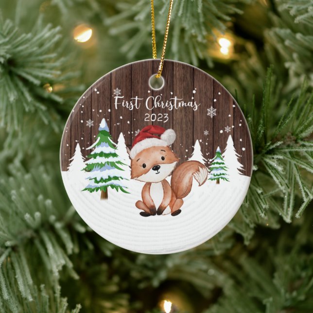 Custom Baby's First Christmas Fox Dual-Sided Ceramic Ornament (Tree)