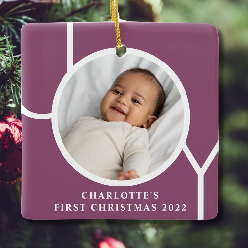 Custom Babys First Christmas Holiday Photo Purple Ceramic Ornament