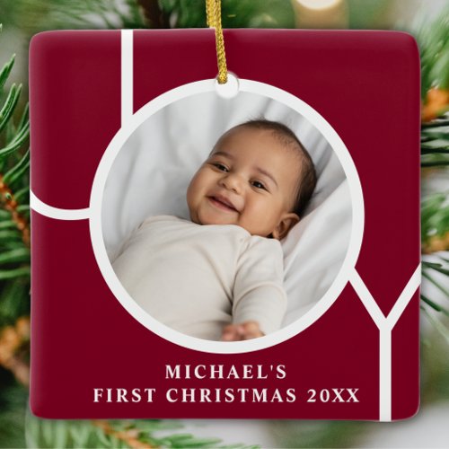 Custom Baby's First Christmas Photo Dark Red Ceramic Ornament