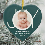 Custom Baby's First Christmas Photo Green Ceramic Ornament<br><div class="desc">This stylish heart-shaped Baby's First Christmas Photo Ornament is decorated with the word JOY in white on a green background.
Easily customizable with your photo,  name,  and year.</div>