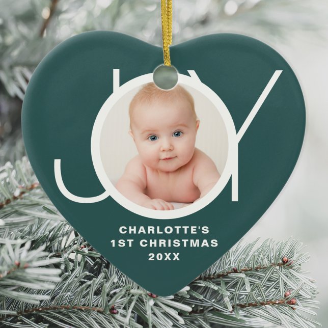Custom Baby's First Christmas Photo Green Ceramic Ornament (Creator Uploaded)