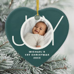 Custom Baby's First Christmas Photo Green Ceramic Ornament<br><div class="desc">This stylish heart-shaped Baby's First Christmas Photo Ornament is decorated with the word JOY on a green background.
Easily customizable with your photo,  name,  and year.</div>