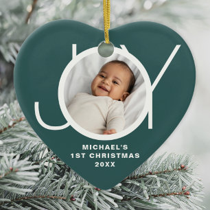 Custom Baby's First Christmas Photo Green Ceramic Ornament