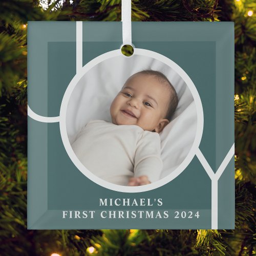 Custom Babys First Christmas Photo Green Glass Ornament