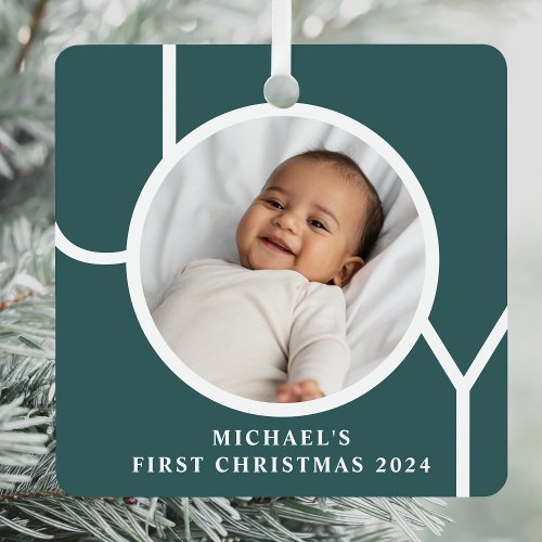 Custom Babys First Christmas Photo Green Metal Ornament