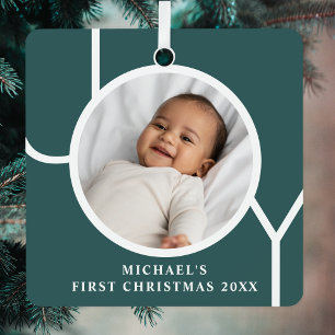 Custom Baby's First Christmas Photo Green Metal Ornament