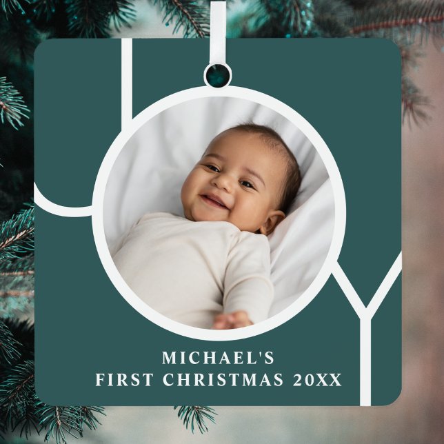 Custom Baby's First Christmas Photo Green Metal Ornament (Creator Uploaded)