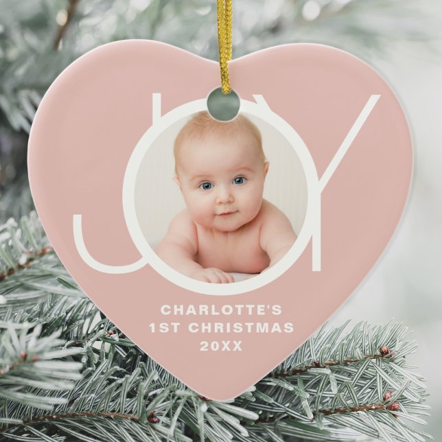 Custom Baby's First Christmas Photo Pink Ceramic Ornament (Creator Uploaded)