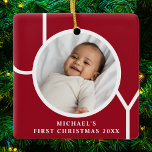 Custom Baby's First Christmas Photo Red Ceramic Ornament<br><div class="desc">This stylish Baby's First Christmas Photo Ornament is decorated with the word JOY on a maroon-red background.
Easily customizable with your photo,  name,  and year.</div>