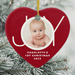 Custom Baby's First Christmas Photo Red Ceramic Ornament<br><div class="desc">This stylish heart-shaped Baby's First Christmas Photo Ornament is decorated with the word JOY in white on a red background.
Easily customizable with your photo,  name,  and year.</div>