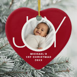 Custom Baby's First Christmas Photo Red Ceramic Ornament<br><div class="desc">This stylish heart-shaped Baby's First Christmas Photo Ornament is decorated with the word JOY on a red background.
Easily customizable with your photo,  name,  and year.</div>