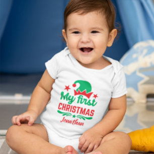 Custom Baby's First Christmas Red Green Hat Star Baby Bodysuit