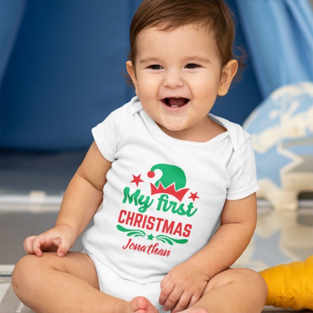 Custom Baby's First Christmas Red Green Hat Star Baby Bodysuit (Creator Uploaded)