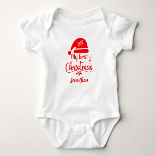 Custom Babys First Christmas Red Santa Hat  Baby Bodysuit