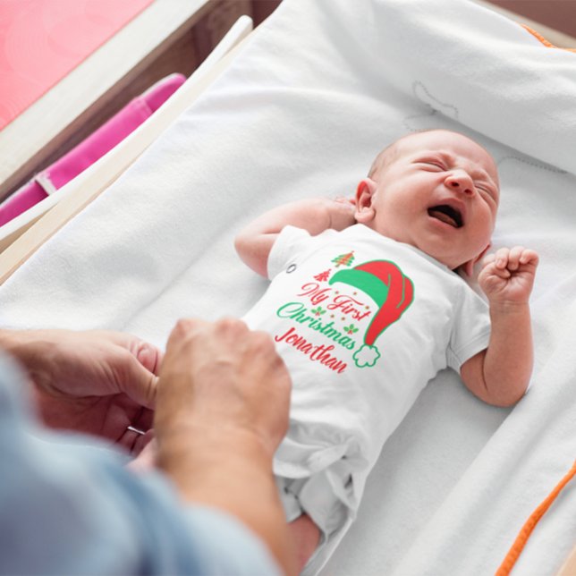 Custom Baby's First Christmas Tree Red Santa Hat Baby Bodysuit (Creator Uploaded)