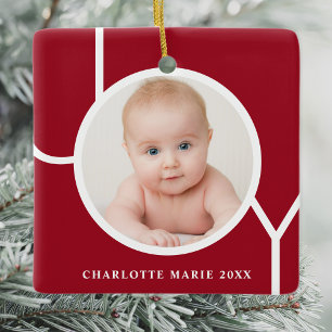 Custom Baby's Photo Christmas Holidays Red Ceramic Ornament