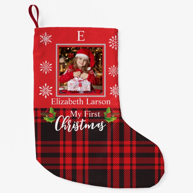Custom Baby's Photo First Xmas Monogram photo Small Christmas Stocking (Front)