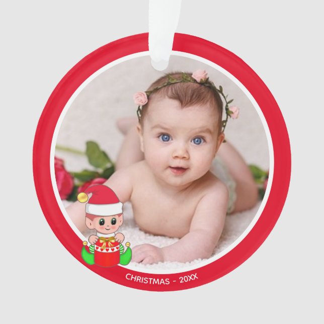 Custom Baby's Photo with Christmas Elf Ornament (Front)