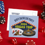 Custom Bachelor Party Las Vegas Trip Invitation Postcard<br><div class="desc">Customize your own bachelor party invitation postcard for a Las Vegas trip. Cool personalized postcard invites featuring gambling casino staples such as a deck of cards,  poker chips,  and roulette wheel with Vegas Trip in yellow script. Fun gambler getaway for your groomsmen and best man.</div>