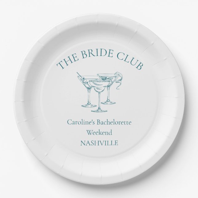 Custom Bachelorette Party Cocktail Social Club Paper Plates (Front)