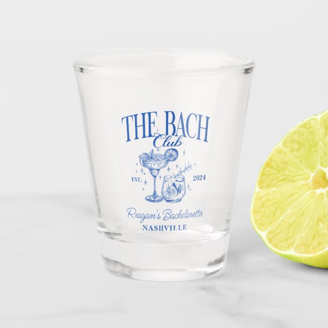 Custom Bachelorette Retro Cocktail Blue Shot Glass (Front)