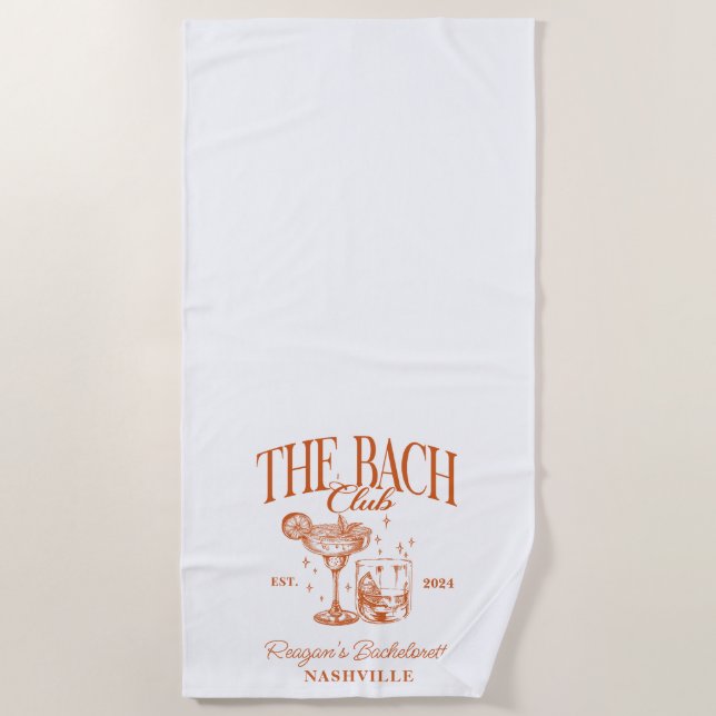 Custom Bachelorette Retro Cocktail Orange Beach Towel (Front)