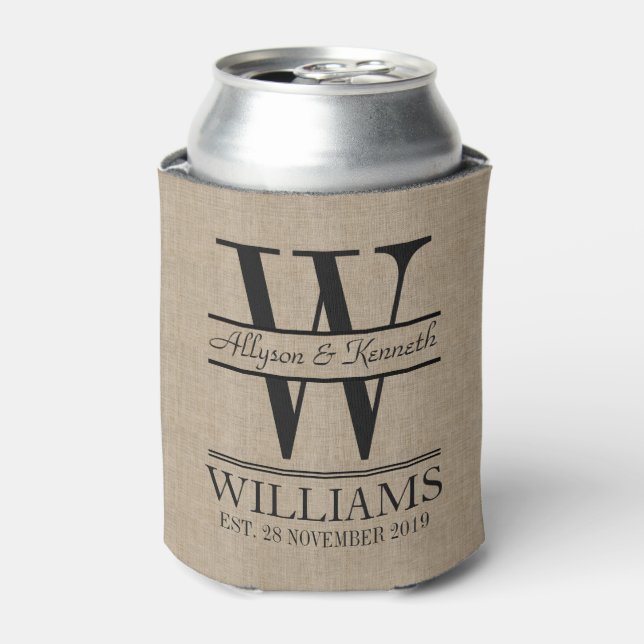 Custom Back Front Burlap Logo Anniversary Monogram Can Cooler (Can Front)