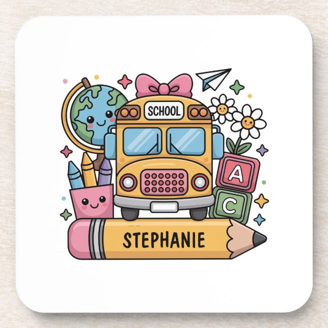 Custom Back-to-School Bus - Personalize Beverage Coaster (Front)