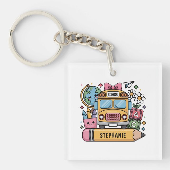 Custom Back-to-School Bus - Personalize Keychain (Front)