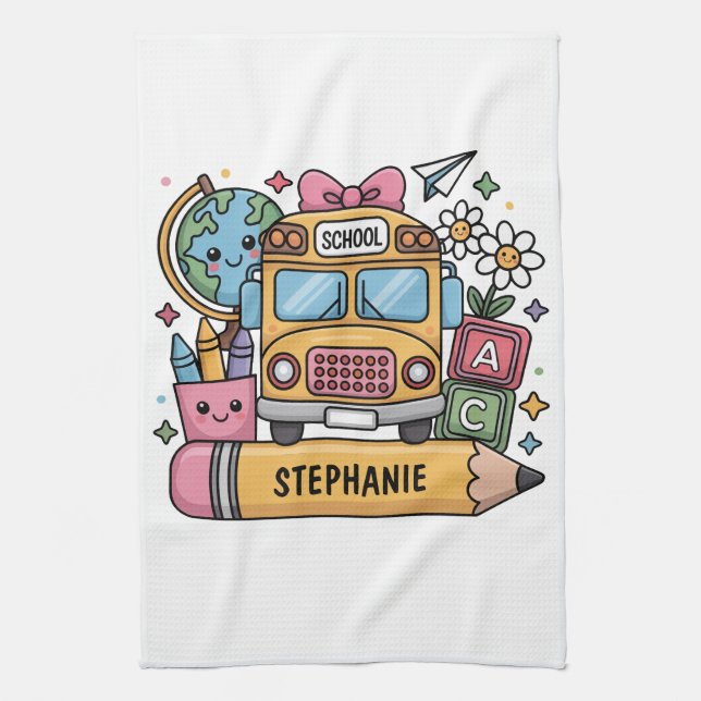 Custom Back-to-School Bus - Personalize Kitchen Towel (Vertical)