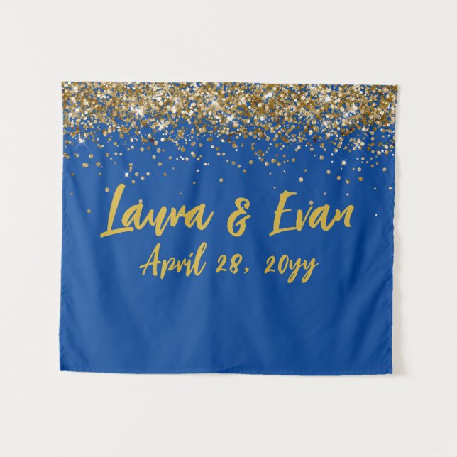 Custom Backdrop Wedding Photo Booth Blue and Gold (Front (Horizontal))
