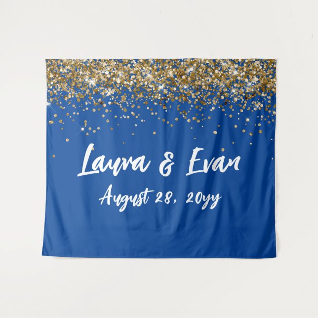 Custom Backdrop Wedding Photo Booth Blue and Gold (Front (Horizontal))