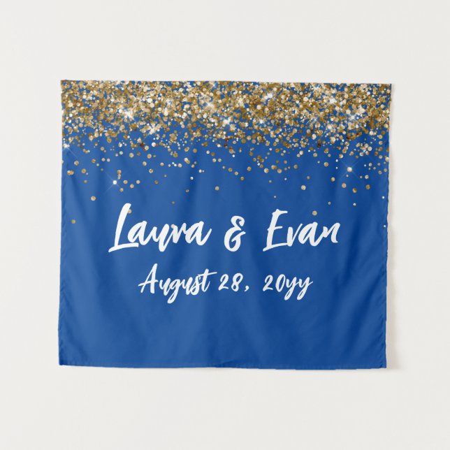 Custom Backdrop Wedding Photo Booth Blue and Gold (Front (Horizontal))