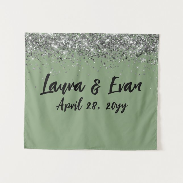 Custom Backdrop Wedding Photo Booth Sage & Silver (Front (Horizontal))