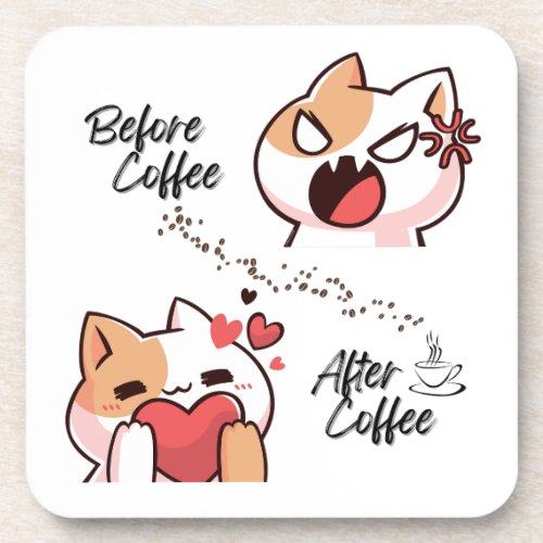 Custom Background Before CoffeeAfter Coffee Cat Beverage Coaster