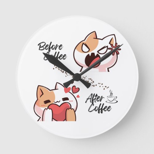 Custom Background Before CoffeeAfter Coffee Cat Round Clock