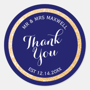 Custom Background Color and Gold Glitter Thank You Classic Round Sticker
