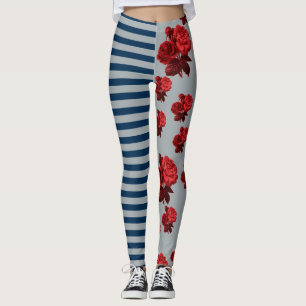 Custom background color Blue Stripe Red Rose Leggings