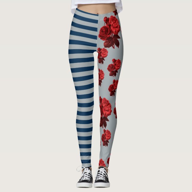 Custom background color Blue Stripe Red Rose Leggings (Front)