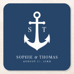 Custom Background Color Monogram Anchor Wedding Square Paper Coaster