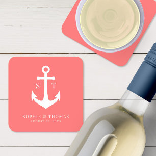 Custom Background Color Monogram Anchor Wedding Square Paper Coaster