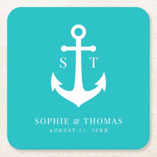 Custom Background Color Monogram Anchor Wedding Square Paper Coaster